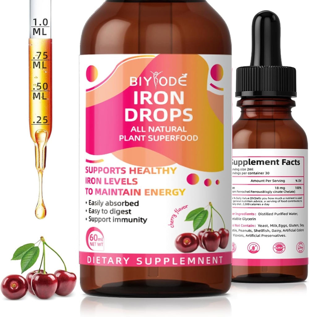 Suplement do żelaza dla kobiet Drops: Płynny suplement żelaza z witaminą C B12 & Kwas foliowy Gentle Absorption Energy Support Non- Constipting Formula Vegan Sugar-