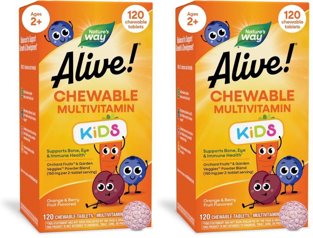 Nature 's Way Alive! Daily Chewable Multivitamin dla dzieci, Wspiera zdrowie kości, oczu i immunologiczne *, Pomarańczowy & Berry Fruit Flavored, Gluten Free, 120 Tabletki do żucia (Opakowania może Vary) (Opakowanie 2)