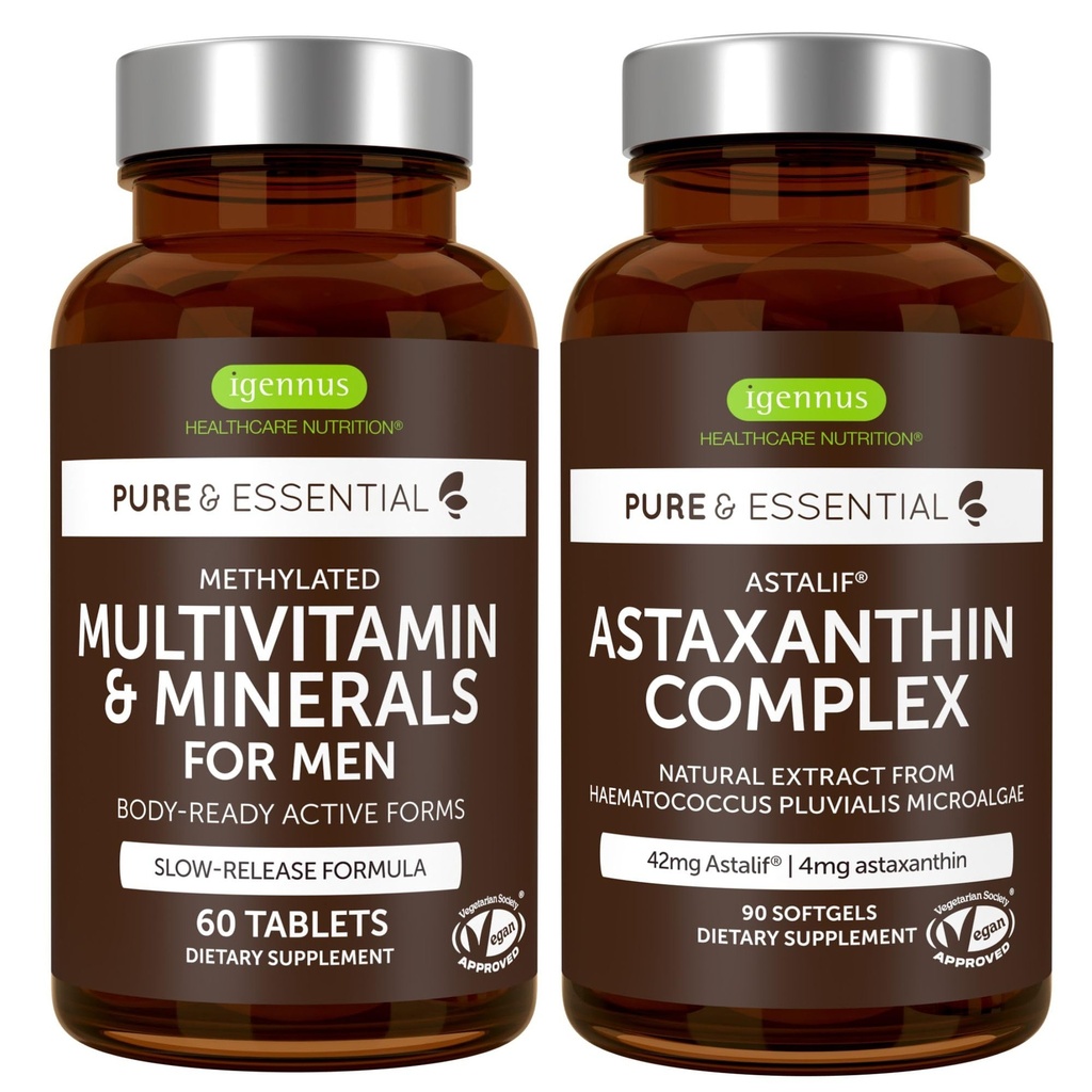 Multivitamin & Minerals for Men + Astaxanthina Complex Vegan Bundle, Trwała Release Advanced Multivitamin + 4 mg H. Pluvialis Natural Astaxanthina, by Igennus