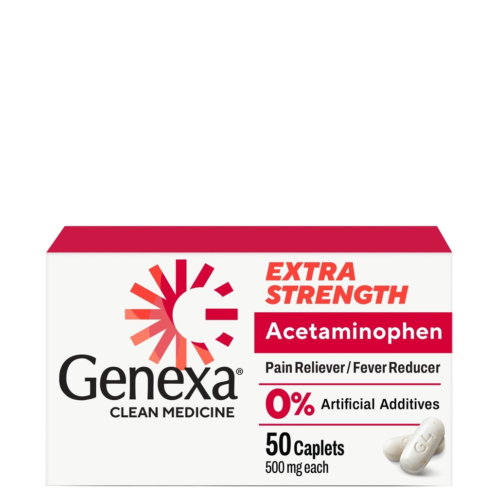 Genexa Czysty Acetaminofen 500 mg Dodatkowa siła, Bezbarwny ból Reliever Fever Reducer, 0% Sztuczne dodatki, Medycyna przeciwbólowa dla dorosłych, Ulgi ból głowy, Ból pleców, Drobne zapalenie stawów, 50 tabletek