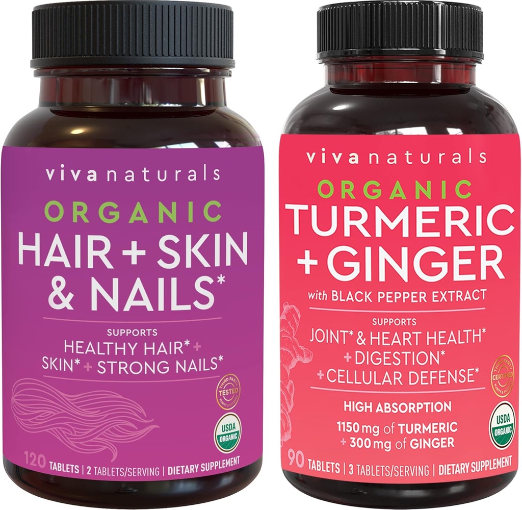 Organiczne skóry włosów i paznokci Witaminy + Organic Turmeric z Black Pepper & Ginger Bundle, Wykonane z Biotin 5000mcg dla zdrowych włosów, Turmeric dla naturalnego wspólnego wsparcia