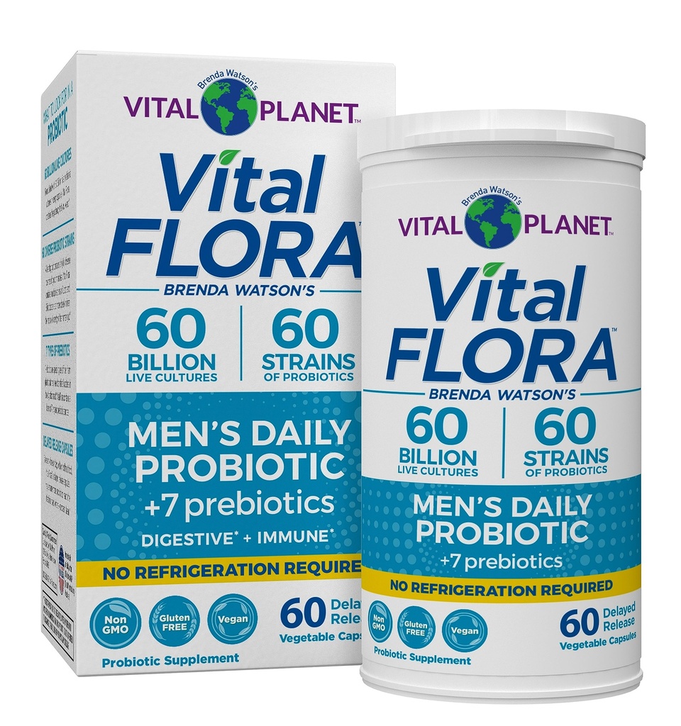Vital Planet - Vital Flora Probiotyki dla mężczyzn, 60 Miliard CFU, 60 Różnorodne Szczepy, 7 Organiczne Prebiotyki, Mężczyzna 's Daily Shelf Stable Probiotic dla wsparcia immunologicznego, Relief gazowy, Digestive Health 60 Kapsułki