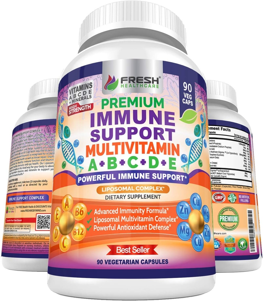 Immune Support Multivitamine for Men and Women with Vitamin A, B, C, D, E, B6, B12 - Cynk, Magnez i Miedź z kompleksem liposomalnym dla zwiększenia wchłaniania - Daily Antioksydant Boost - 90 Vegan Caps