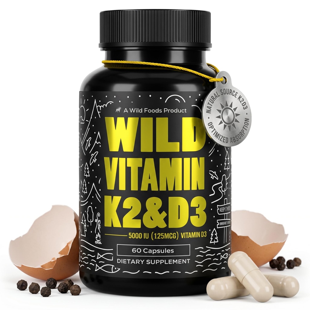 Wild Foods 5000iu Witamina D3 + K2 Witamina 124; (100mcg Mk7) z Black Pepper Extract, Plant- Based, Non-GMO, Soy & Gluten- Free Supplement; Suplement diety 124; Made in USA