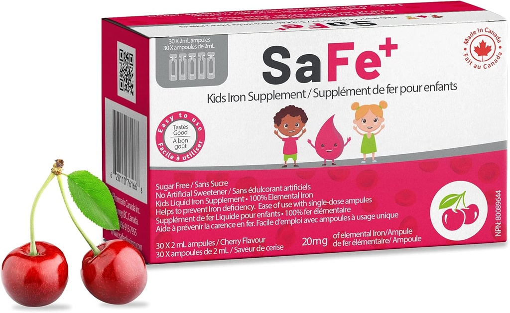SaFe + Liquid Iron dla dzieci 124; Great Tasting Cherry Flavor 124; Łatwe w użyciu 20 mg / 2 ml Żelazo na ampulę 124; 30 Jednorazowe dawki (2 ml Każdy) I Cukier wolny & Allergen Free I Utrzymanie fizycznego i psychicznego Wellbeing