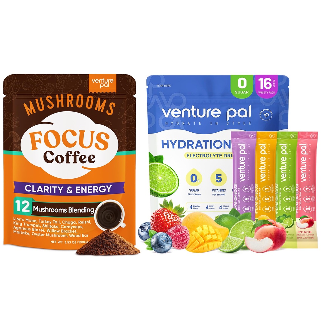 Venture Pal Mushroom Coffee & Electrolyte Powder Bundle: 12 w 1 Kawa z Ashwagandha dla Focus & Immunitet + Sugar-Free Electrolyte Pakiety z 5 Witaminy i 7 Electrolytes - 40 Służenie i 16 Stick