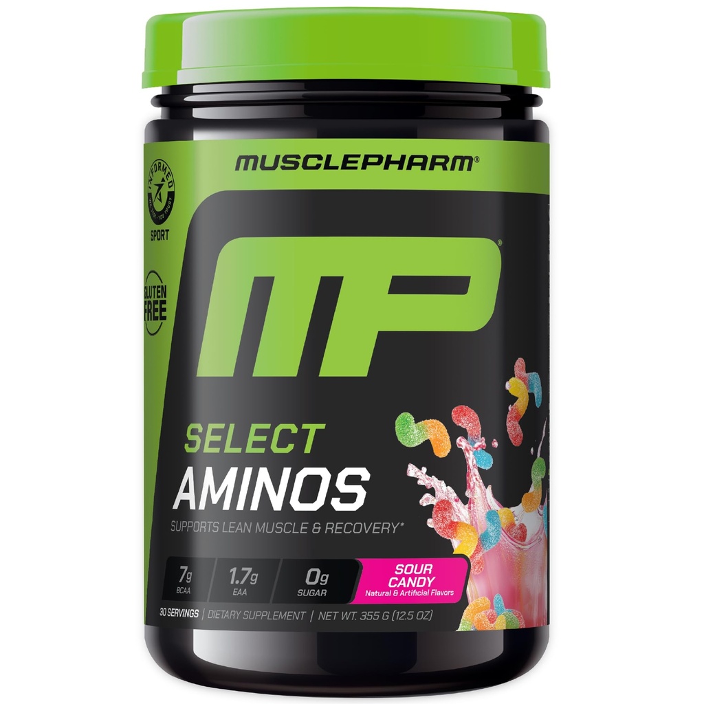 MusclePharm Select Amino 's EAA + BCAA, Post Workout Essential Amino Acids Powder, Pre Workout Suplement energetyczny dla mężczyzn i kobiet z rozgałęzionymi aminokwasami łańcuchowymi, 30 Służenia (Sour Candy)