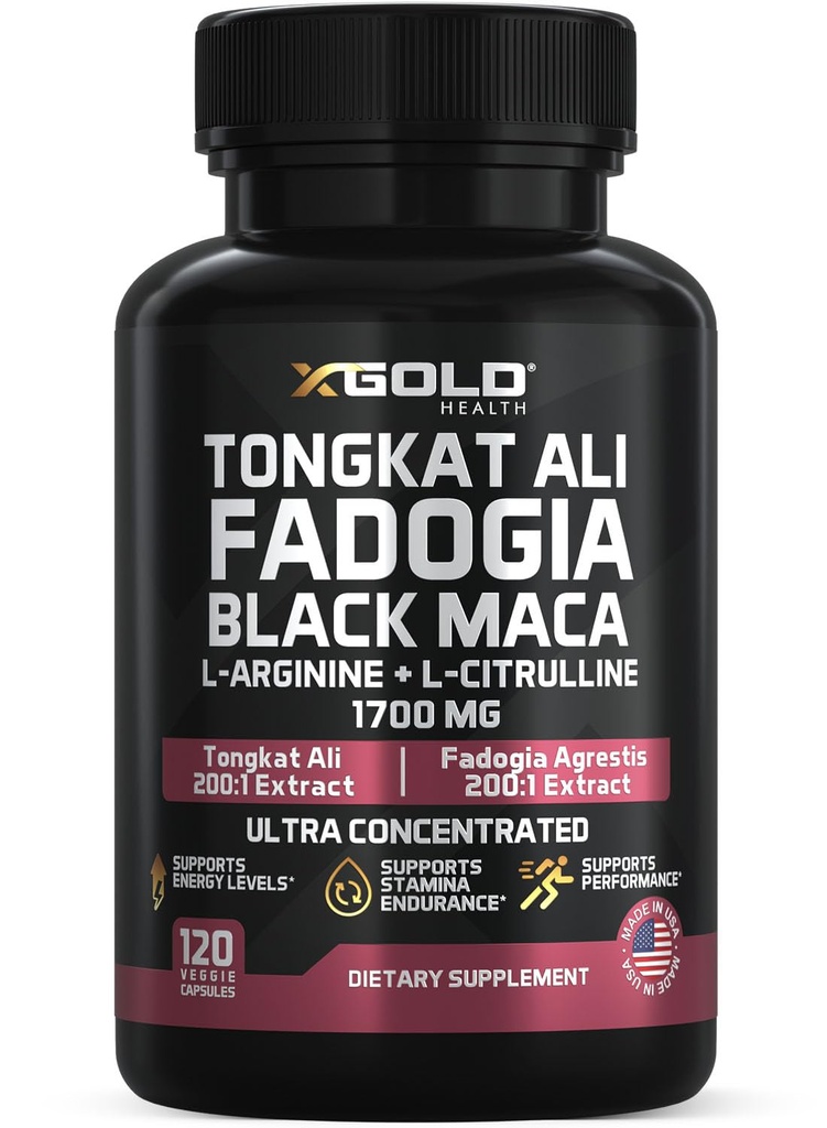 X Gold Health Tongkat Ali + Fadogia Agrestis + Black Maca - Energia, Witalność & Booster Stamina dla mężczyzn i kobiet Made in USA