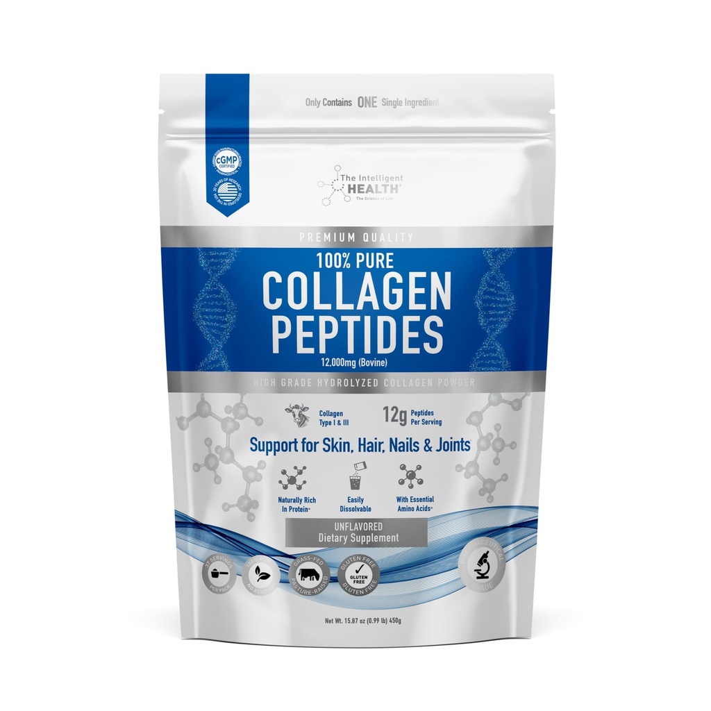 The Intelligent Health Collagen Peptydes Powder, 45 Służenia, Zhydrolizowane Kolagen, Typ I & III, Karmienie trawą, Unflavored, Gluten Free, Keto / Paleo, 10g Sługi, 15.9 Oz, Wsparcie skóry, Włosy, Nail, Łączniki