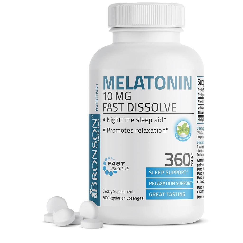 Bronson Melatonina 10 MG Szybko Rozpuścić Peppermint Tablets, Promotes Relaxation, 360 Łosoś wegetariański do żucia