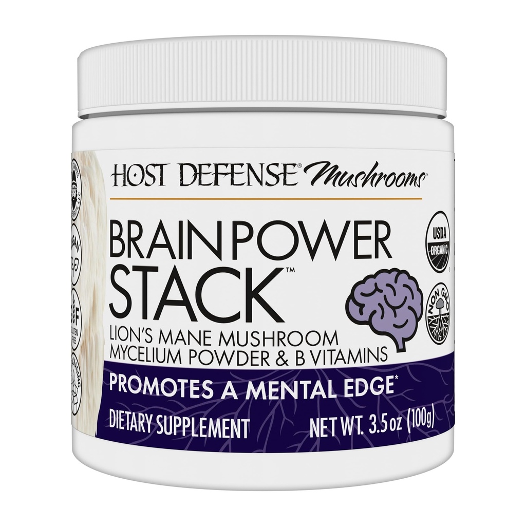 Host Defense BrainPower stosu proszku - ukierunkowane uzupełnienie wsparcia mózgu - Proszek Mushroom Suplement z grzywą Lwa, Niacin (B3) i Witamina B12 - Herbal Brain Support - 100g (66 Służenia) *