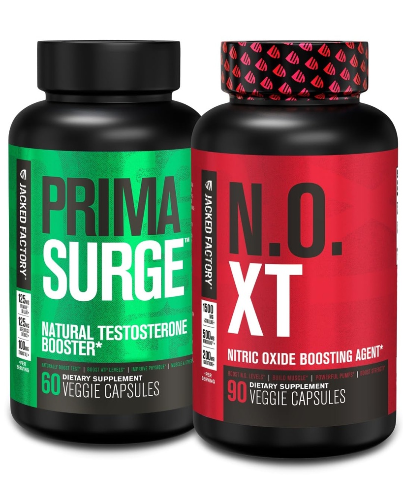 Jacked Factory Testosteron Booster dla mężczyzn PRIMASURGE (60 Kapsułek) & N.O. XT Suplement tlenku azotu (90 Kapsułek) dla wzrostu mięśni, Pompy, & Energia