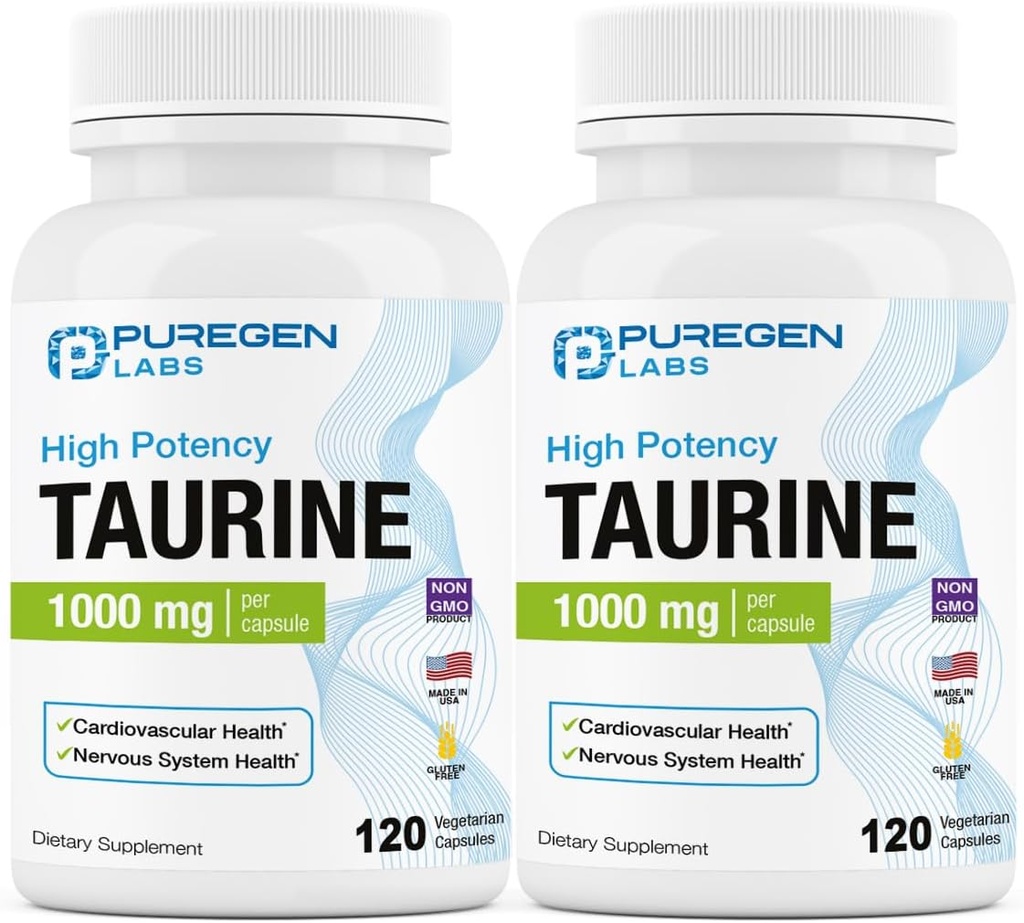 Puregen Labs Tauryna 1000mg [Wysoka potencja] Razem 240 Kapsułki Veg 124; Brak szkodliwych dodatków do żywności 124; Non-GMO, NO gluten i Dairy, Wspiera zdrowie serca i odzysk mięśni 124; Made in USA