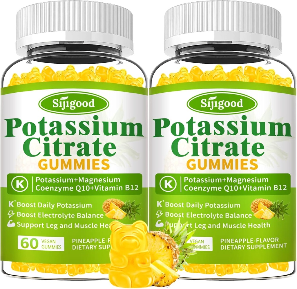 2 Pack Gummies cytrynian potasu - Wysokiej mocy suplement potasu dla zdrowia mięśni, Leg Cramp Relief, równowagi elektrolitowej - Wegan, Non-GMO, Gluten- Free, Flavor ananasowy, 120 Count