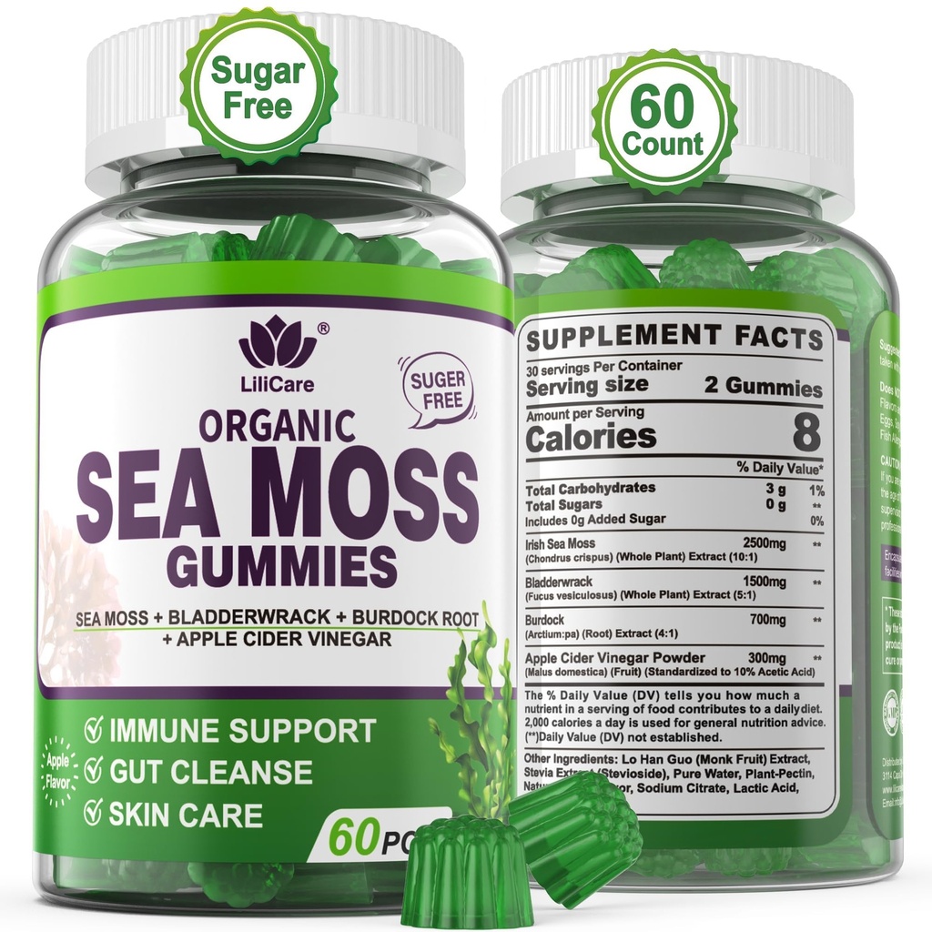 Sea Moss Gummies - Irish Sea Moss Gummies dla dorosłych i dzieci - Advanced Superfood Seamoss Supplement with Organic Bladderwrack & Burdock Root Extract Agregative ACV for Daily Immune, Gut Cleanse, Vegan, 60 Counts