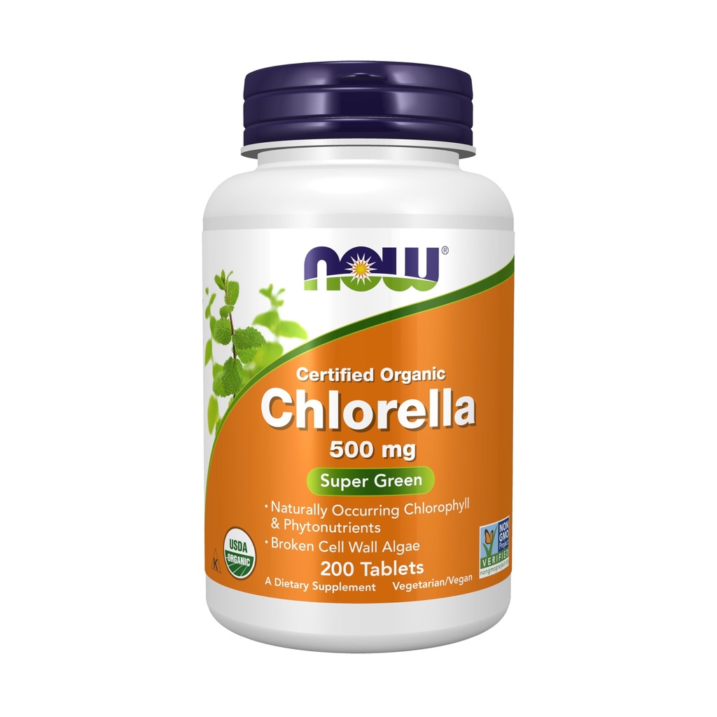 Teraz żywności Suplementy, Organiczny Chlorella 500 mg z naturalnie występującym chlorofilem, Beta- Karoten, mieszane karotenoidy, Witamina C, Żelazko i Białko, 200 Tabletki