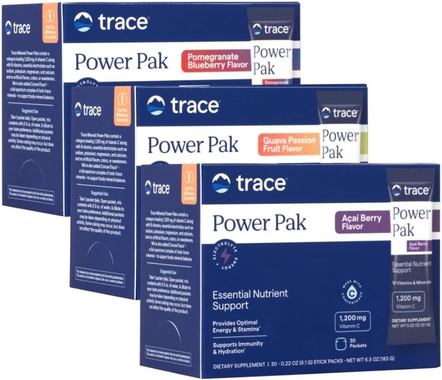 Ślad Minerały Power Pak Multivitamin i Multimineralne Pakiety - Wsparcie elektrolitowe - 1200 mg Witamina C Plus 70 Acai Berry, Pomegranat jagodowy i Guava Variety - 90 Pakiety