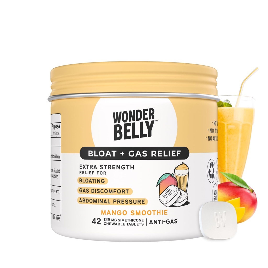 Wonderbellow Bloat + Gas Relief, Extra Simply Chewable Tablets, ze 125 mg Simeticon, No Talc lub Dye, Mango Smoothie, 42 Count