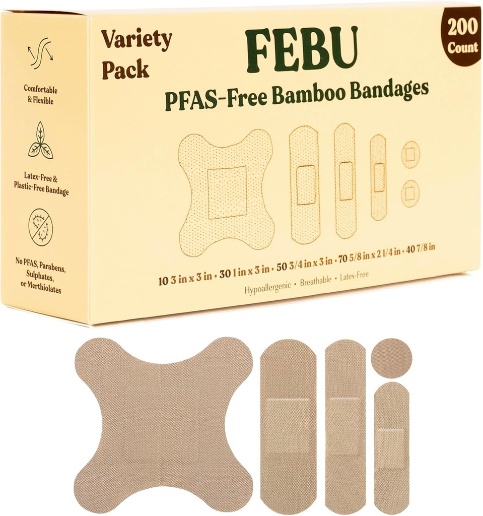 FEBU Eco- Friendly Bamboo Bandaże tkaniny 124; PFAS Free Bandaże dla Scrapes & Cuts 124; Elastyczne Bandaże tkaniny 124; W pełni Kompostowalne, Latex Free Bandage 124; 200 Count luzem Odmiana