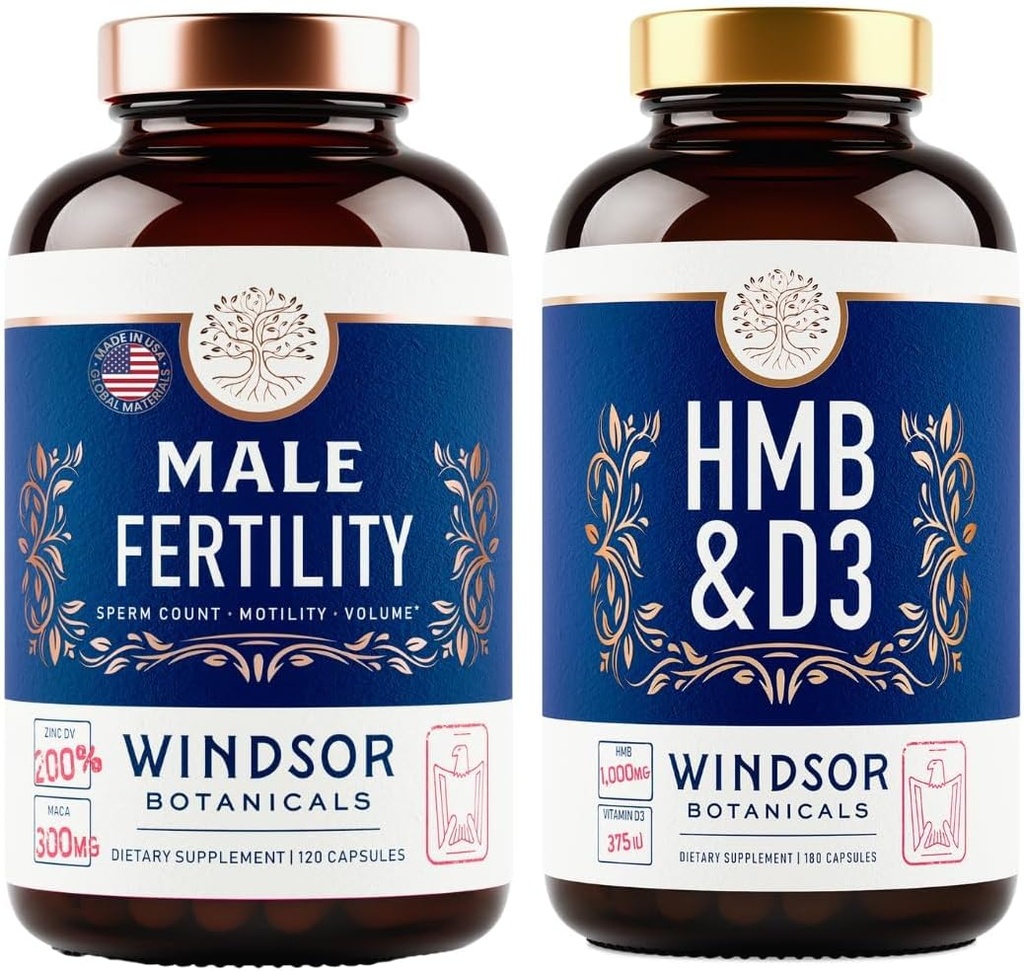 WINDSOR BOTANICALS HMB z witaminą D3 oraz Wapniem i męskim zestawem wsparcia płodności