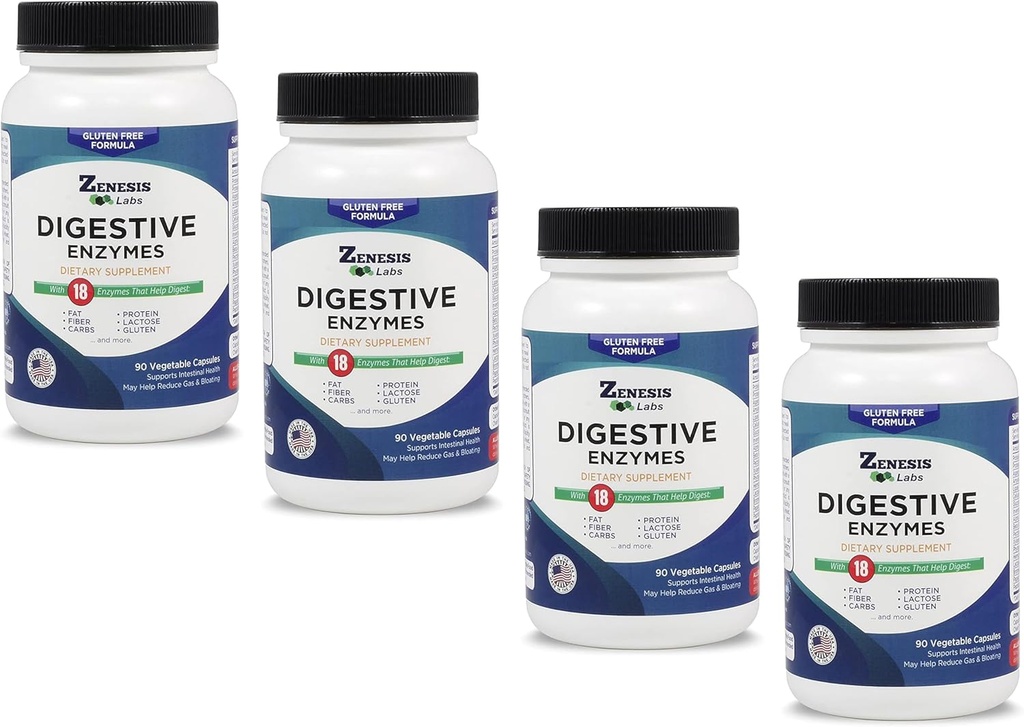 Zenesis Labs Digestive Enzymes - z Amylase, Bromelain, Protate, Lipase & 14 Inne Enzymy luzem 360 Capsule Supply (4 Butelki - 90 Kapsułki / Butelka)