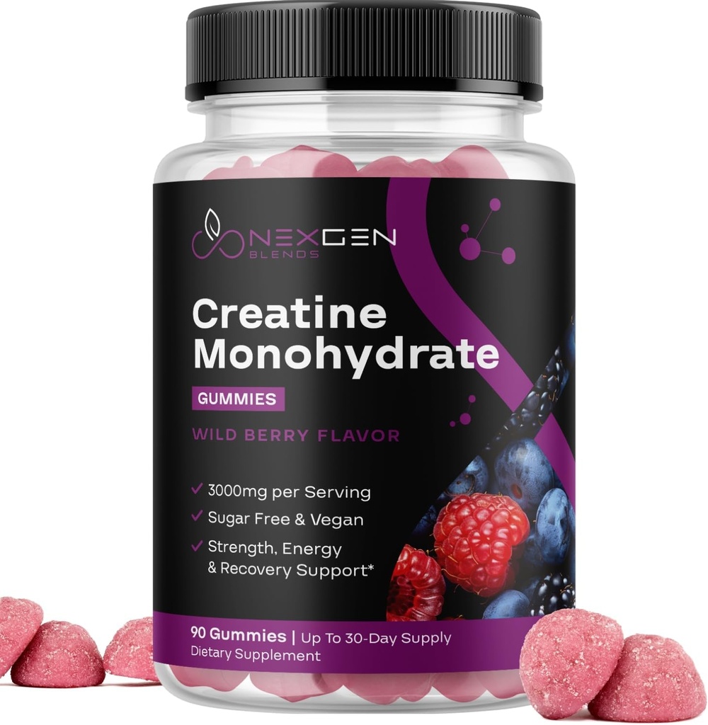 Sugar Free Creature Monohydrate Gummies - Wegańskie Gummies dla Kobiet i Mężczyzn z 3000mg na 3 Żaby Kreatyny wspiera energię i odzyskiwanie - Gluten Free & Non-GMO - Wild Berry Flavor 90ct