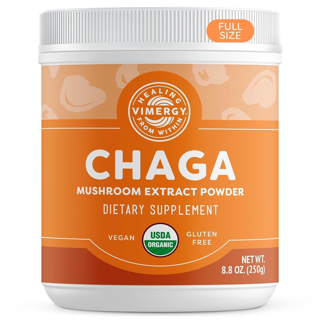 Vimergy USDA Organic Wild Chaga Mushroom Extract Powder, 166 Servings - Idealny w Chaga Tea, kawa, Smoothies - wsparcie sercowo-naczyniowe - Kosher, Wegan, No Gluten, Paleo - Pure Chaga, No Fillers (250g)