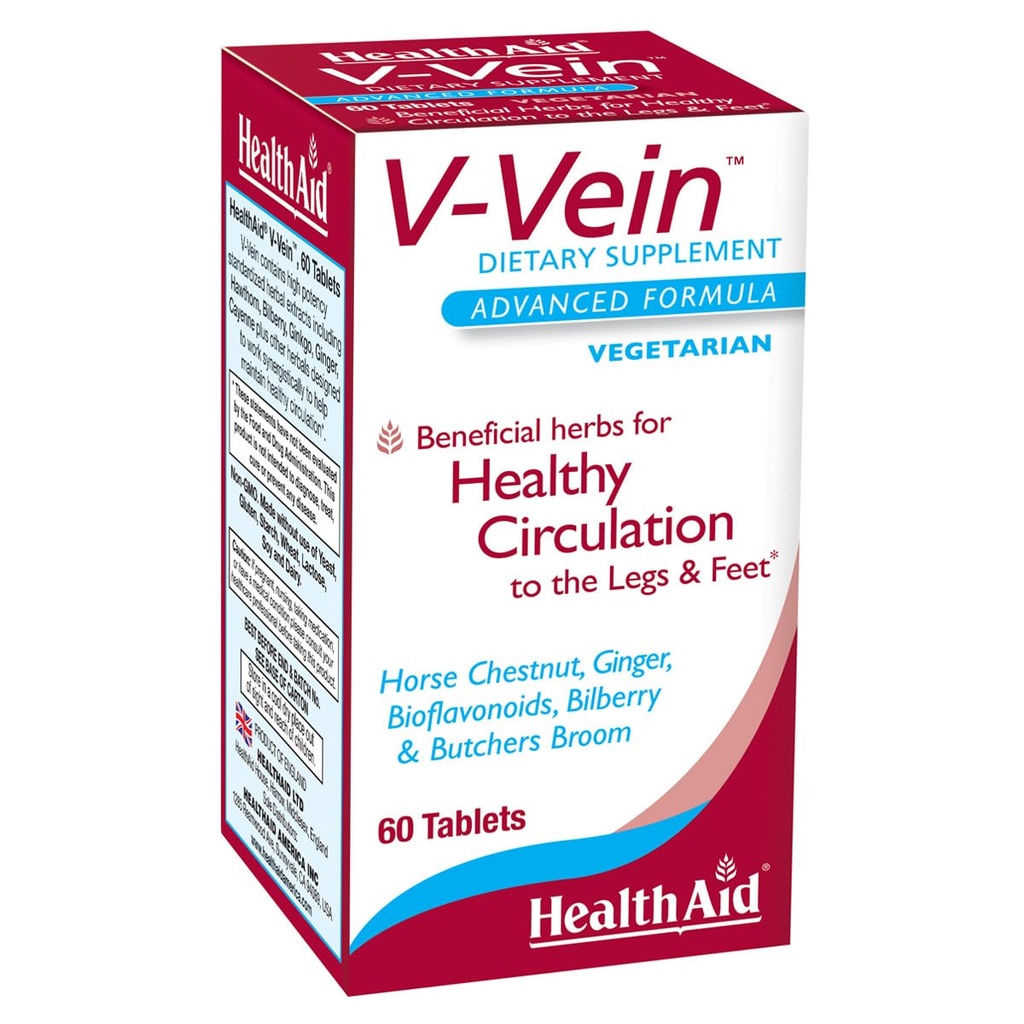 HealthAid V- Vein, Korzystne Składniki odżywcze dla zdrowego cyrkulacji nóg i stóp, 60ct, Raz dziennie, Zawiera Ginkgo, Nasiona winorośli, Witamina C i Bilberry, Wegan