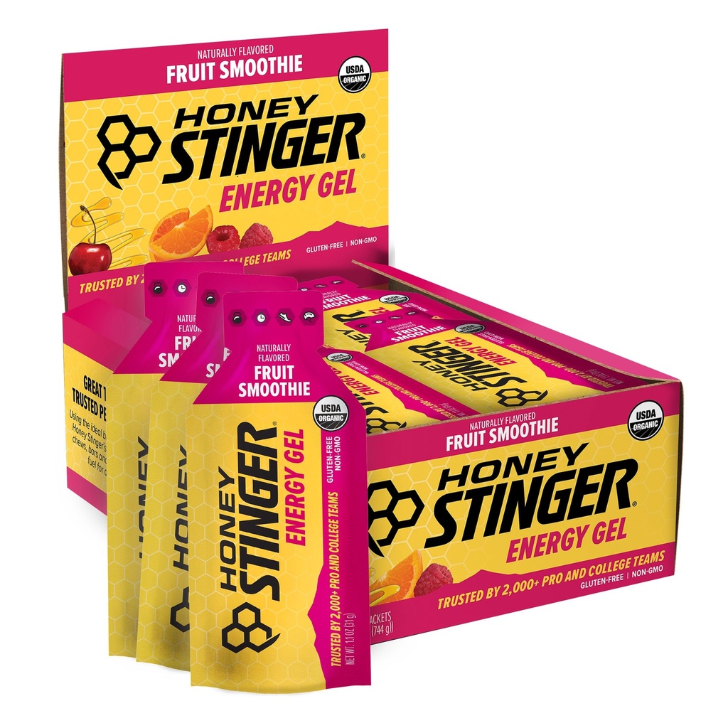Miodowe Stinger Organic Fruit Smoothie Energy żel, Gluten Free & Kofeina Free, do ćwiczeń, Bieganie i wydajność, Sports Nutrition for Home & Gym, Pre & Mid Workout, 24 Pack, 26.4 unce