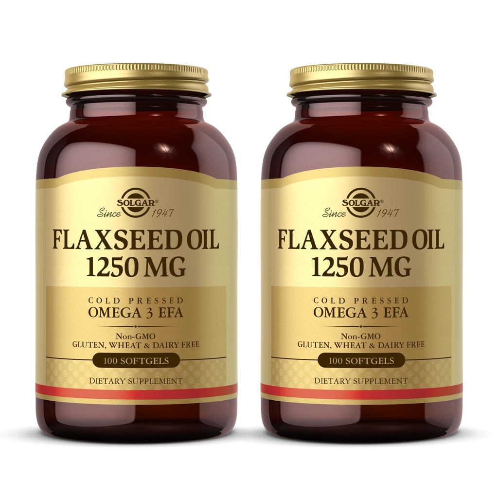 Solgar Flaxseed Oil 1250 mg - 100 Softgels, Pack of 2 - Concentrated Plant Source of Omega-3 Alpha- Linoleic Acid (ALA) - Non-GMO, Gluten Free - 100 Total Servings