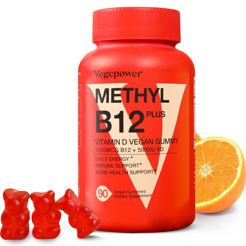 Witamina B12 D3 żelki wegańskie - 90 Hrabia I 1000 MCG metyl B12 & 5000 IU Witamina D Gumy do żucia suplementy dla dorosłych i dzieci - Immune Health & Daily Energy Boost - Non-GMO, Pomarańcza