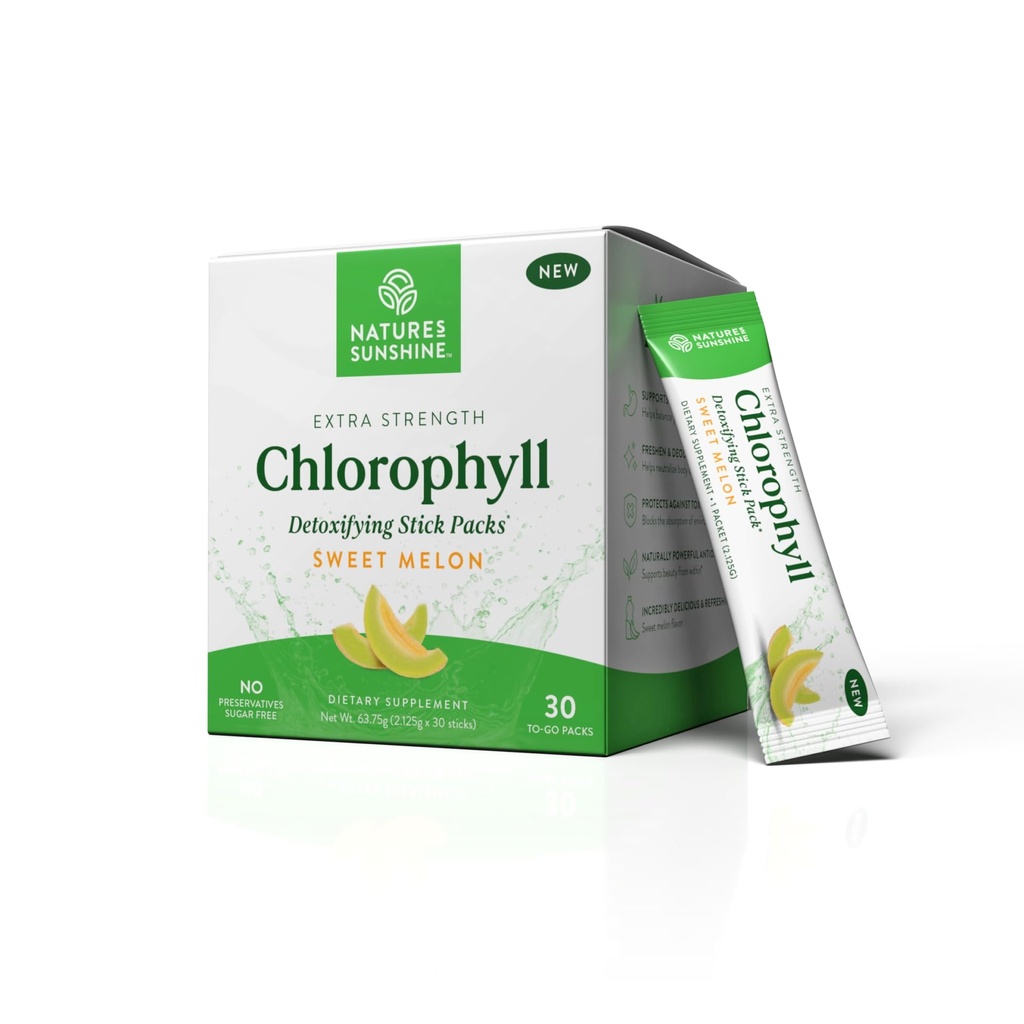 Nature 's Sunshine Chlorophyll Stick Packs: Supercharge Your Detox and Boost Gut Health in Comfortable, Delicious Stick Packs (Melon słodki)