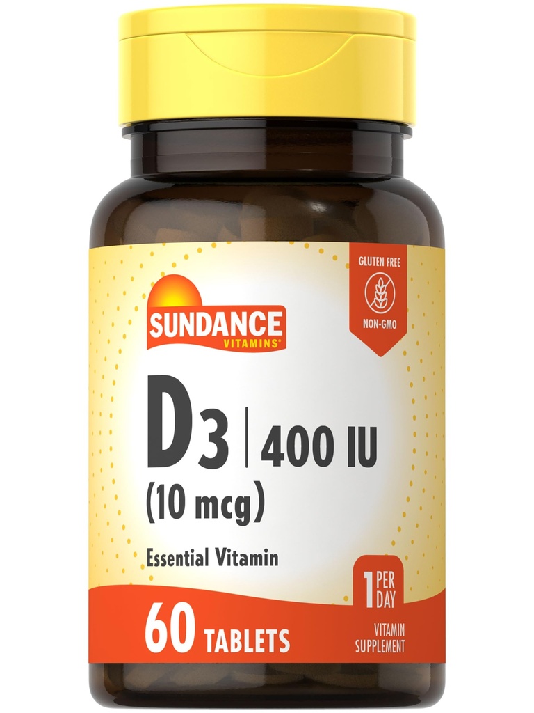 Sundance Witamina D3 400 IU (10 μg) 124; 60 Tabletki wegetariańskie 124; Zasadniczy suplement witaminowy 124; Wegetariański, Non-GMO i Formuła wolna od glutenu