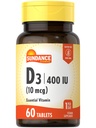 Sundance Witamina D3 400 IU (10 μg) 124; 60 Tabletki wegetariańskie 124; Zasadniczy suplement witaminowy 124; Wegetariański, Non-GMO i Formuła wolna od glutenu