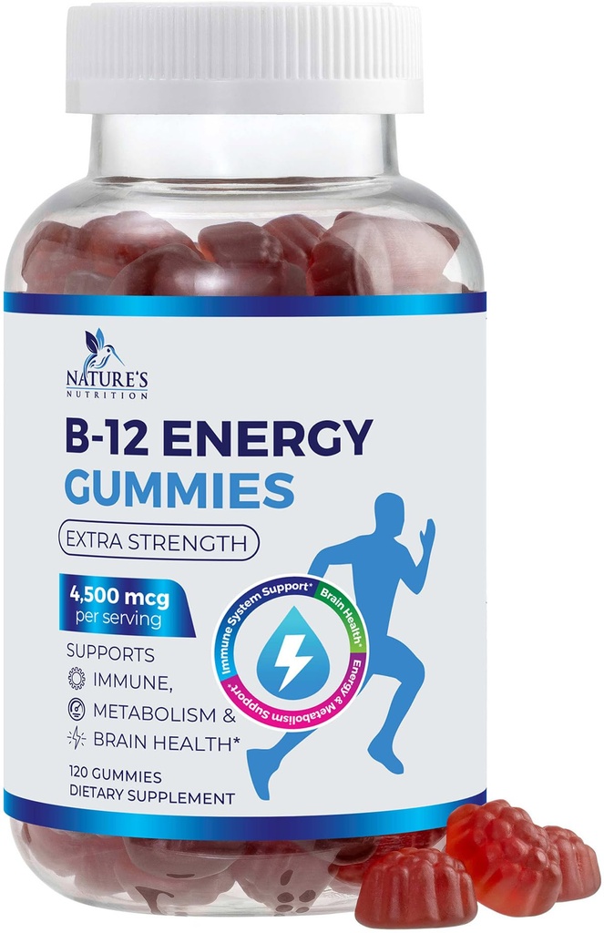 B- 12 Gummies witaminowy energetyczny 4500mcg - Dodatkowa siła Gummy Chewables B12 for Energy Metabolizm i wsparcie immunologiczne - Suplement diety dla kobiet, mężczyzn i dzieci - Non-GMO, Wegan, Berry Flavor - 120 Count