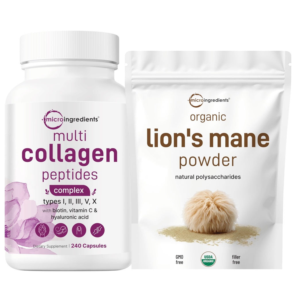 Micro Składniki Multi Collagen Complex & Lions Mane Mushroom Supplement Powder Bundle 2 Pack Description 124; Pakiet Grass- Fed Collagen Peptydes Description 124; Natural Superfood for Brain, Energy, & Immune Health
