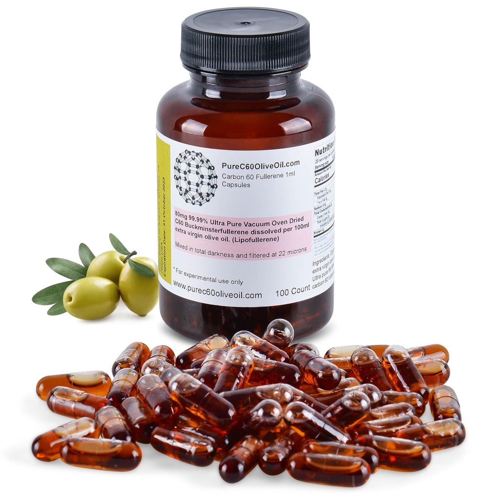 PureC60OliveOil C60 Organic Olive Oil Capsules Pills 100ml / 3.4 Fl Oz - 99,99% Carbon 60 Solvent Free 80mg - Food Grade - Carbon 60 Olive Oil - From The Leading Global Producer