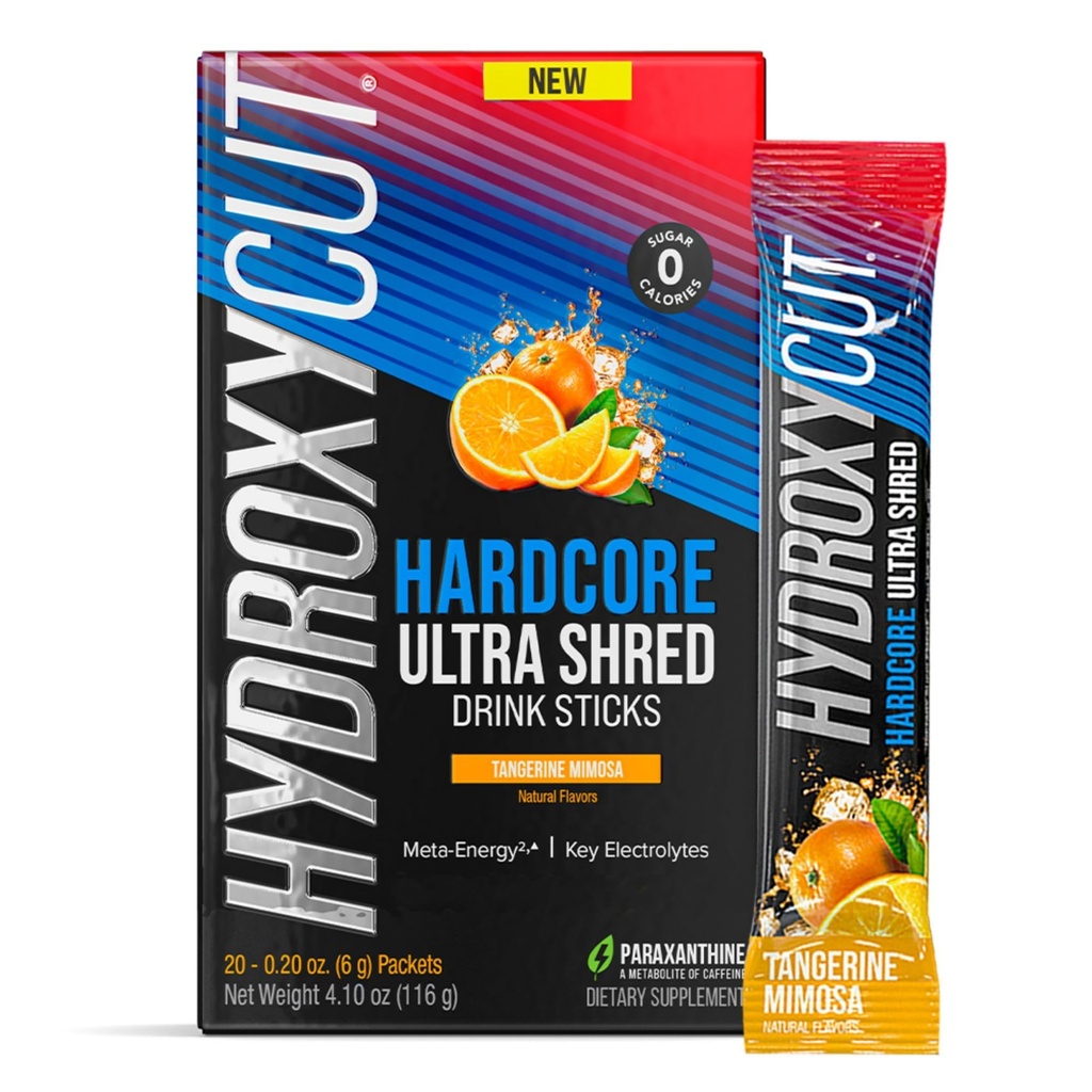 Hydroksycut Hardcore Ultra Shred Drink Sticks, Tangerine Mimosa - 20 pakietów - Zero cukru lub kalorii - Zawiera paraksantyny i witaminy B - dla kobiet i mężczyzn