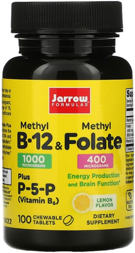 Jarrow Fixas Metyl B- 12 & Metyl Folate - 100 Tabletki do żucia, Lemon - Opakowanie 2 - Bioaktywna witamina B12 & B9 - Wspiera wytwarzanie energii, Funkcję mózgu i Metabolizm - 200 Całościowych Sług