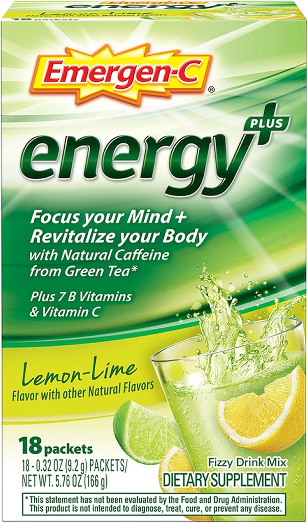 Emergen- C Energy +, Witaminy B, Witamina C i naturalna kofeina z zielonej herbaty (18 Count, Blueberry Acai Flavor) Suplement diety Drink Mix, 0.33 Ounce Puder Pakiety