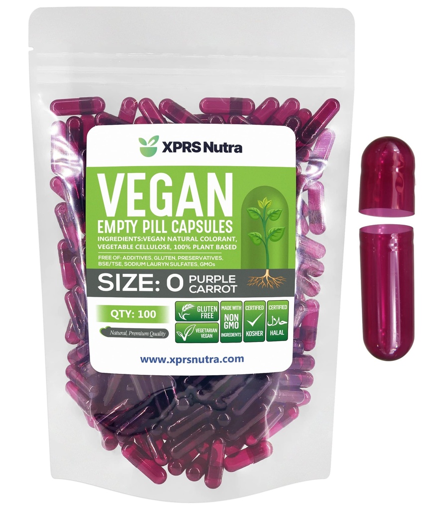 XPRS Nutra Rozmiar 0 Puste kapsułki - 100 Hrabia Puste kapsułki wegańskie - Wegetariańskie tabletki - DIE Kapsułki warzywne Napełnianie - Kapsułki Veggie Pill dla Do- It- Yourself Supplements (Purpurowa marchewka)