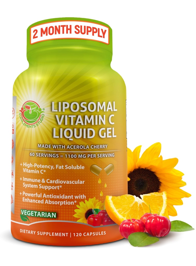 Liposomalna witamina C Kapsułka z płynnym żelem - 1100mg - Wykonane z organicznych wiśni aceroli, Witamina C o dużej mocy Liposomalny suplement wsparcia immunologicznego z zwiększoną absorpcją i biodostępnością - 120 liczba