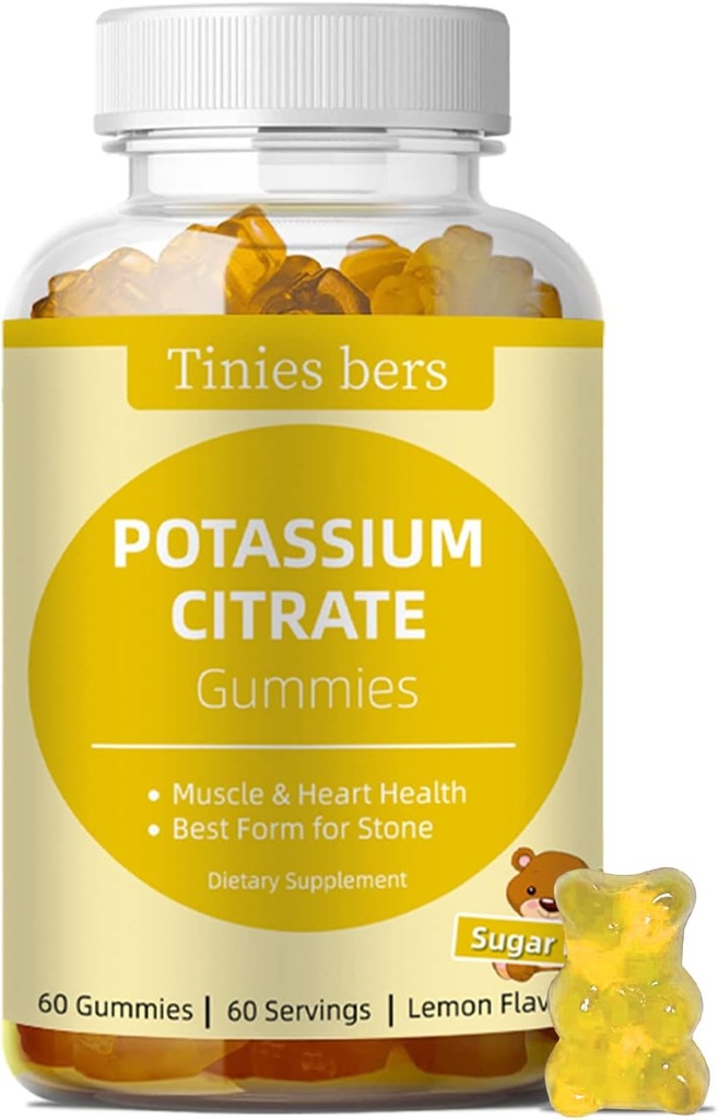 Gumie potasu dla dorosłych dzieci, bez cukru, Kurcze nogi wsparcia i mięśni i serca zdrowia, Vital Electrolyte, jak cytrynian potasu, Najlepsze Gummies potasu dla kamieni, Wegan, Non-GMO, Lemon Flavor, 60