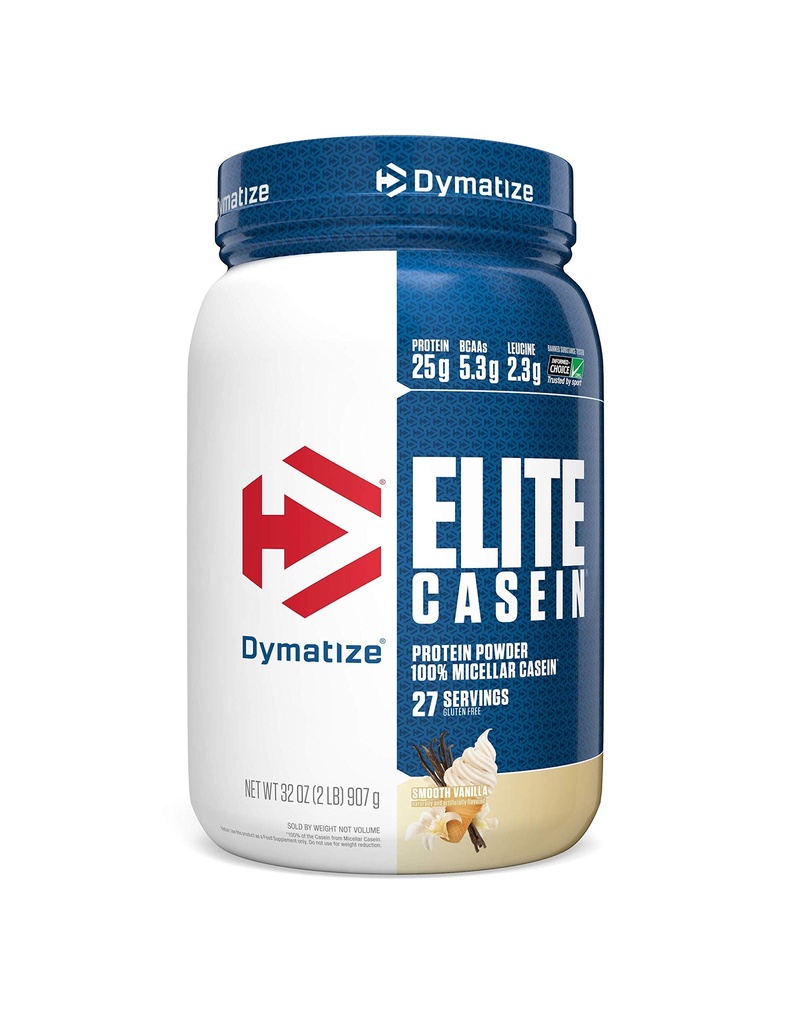 Dymatize Elite Casein Protein Powder, Slow Absorbing with Muscle Building Acids, 100% Micellar Casein, 25g Protein, 5,4 g BCAAs & 2,3g Leucine, Pomaga odzyskać w ciągu nocy, Gładka Wanilia, 2 funt