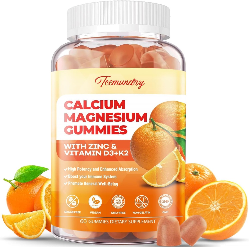 Magnezu wapniowego Gummie cynku z witaminą D3 & K2 - Wysoka absorpcja Magnezu Glicynian 400mg - Suplement wapnia bez cukru - Wsparcie Nerve Muscle Mood & Immunitet - dla dorosłych Mężczyźni Kobiety Dzieci