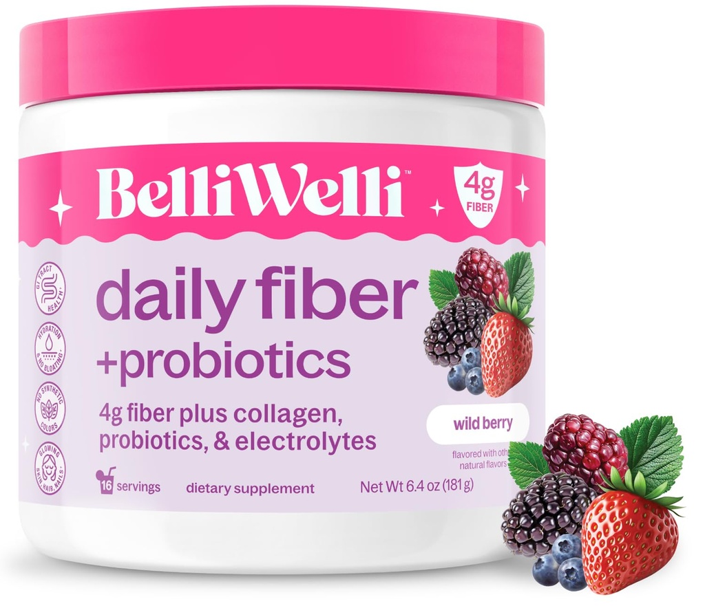 Belli Welli Fiber Supplement for Women & Men - Premium Daily Fiber Powder from Organic Acacia with Added Collagen, Electrolytes & Probiotics - No Bloat, Zaparcia & Gut Health Support (Wild Berry)