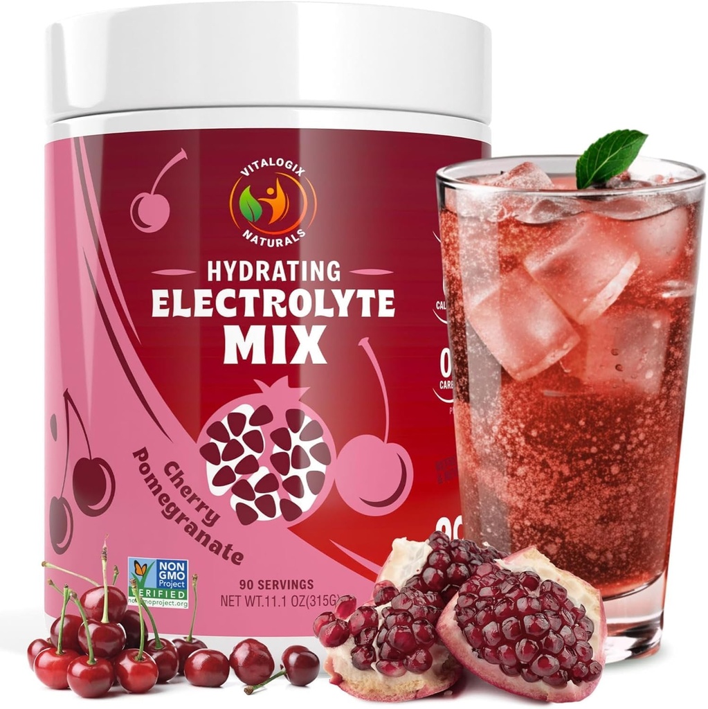 Proszek elektrolitowy - Pomegranat wiśniowy Flavor 124; Mieszanka nawadniająca wolna od cukru z 6 kluczowymi elektrolitami dla energii, wsparcie kurcze i regeneracja 124; Keto, Wegan, Przyjazny dla postu 124; Magnez + Potas