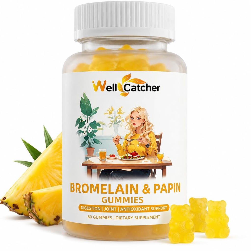 Bromelain Papain Enzym Gummies Suplement: Bromelain 500MG z Querectin Gummies dla dorosłych dzieci, Organic Bromelain Papaya Enzymes Chewable for Digestive Support Immunitety Antioksydant Vegan 60CT