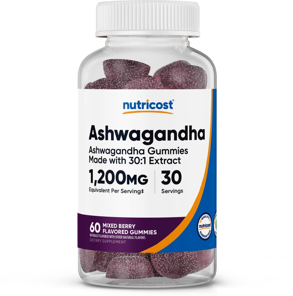 Nutricost Ashwagandha Gummies 1200mg Równoważny na Podawanie (Mieszany Flavor Berry), 60 Gummies, 30 Służenie