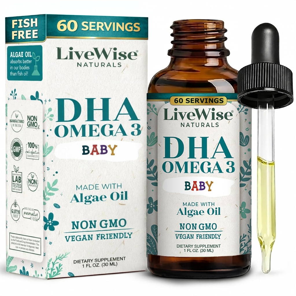 LiveWise Naturals DHA Omega-3 Krople płynne dla niemowląt i dzieci, Przyjazny weganom Omega-3 Suplement zasadniczy, Promotes Zdrowy Mózg, Oczy, Obrona ciała, Dziecko i Toddler Żywienie